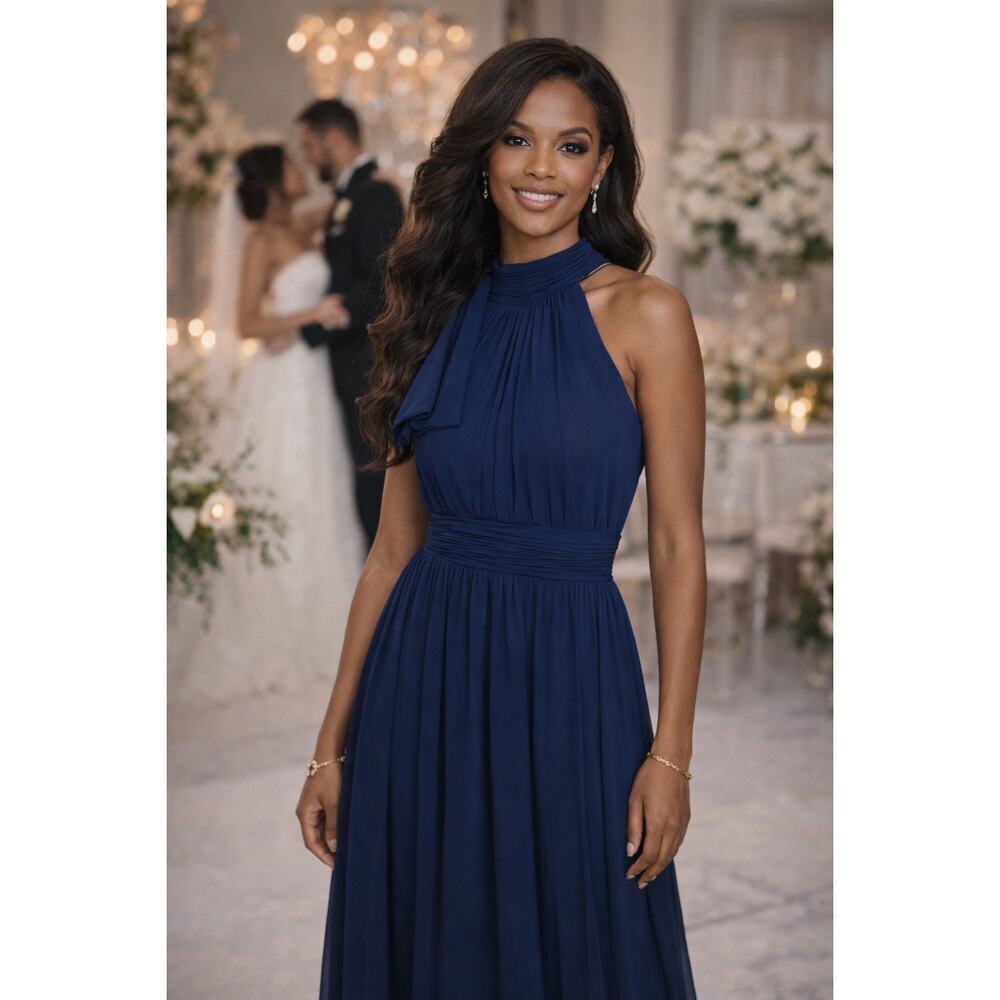 New Mac Duggal IEENA Navy Chiffon Gown Size 10 Formal Evening Bridesmaid Dress - Picture 2 of 16